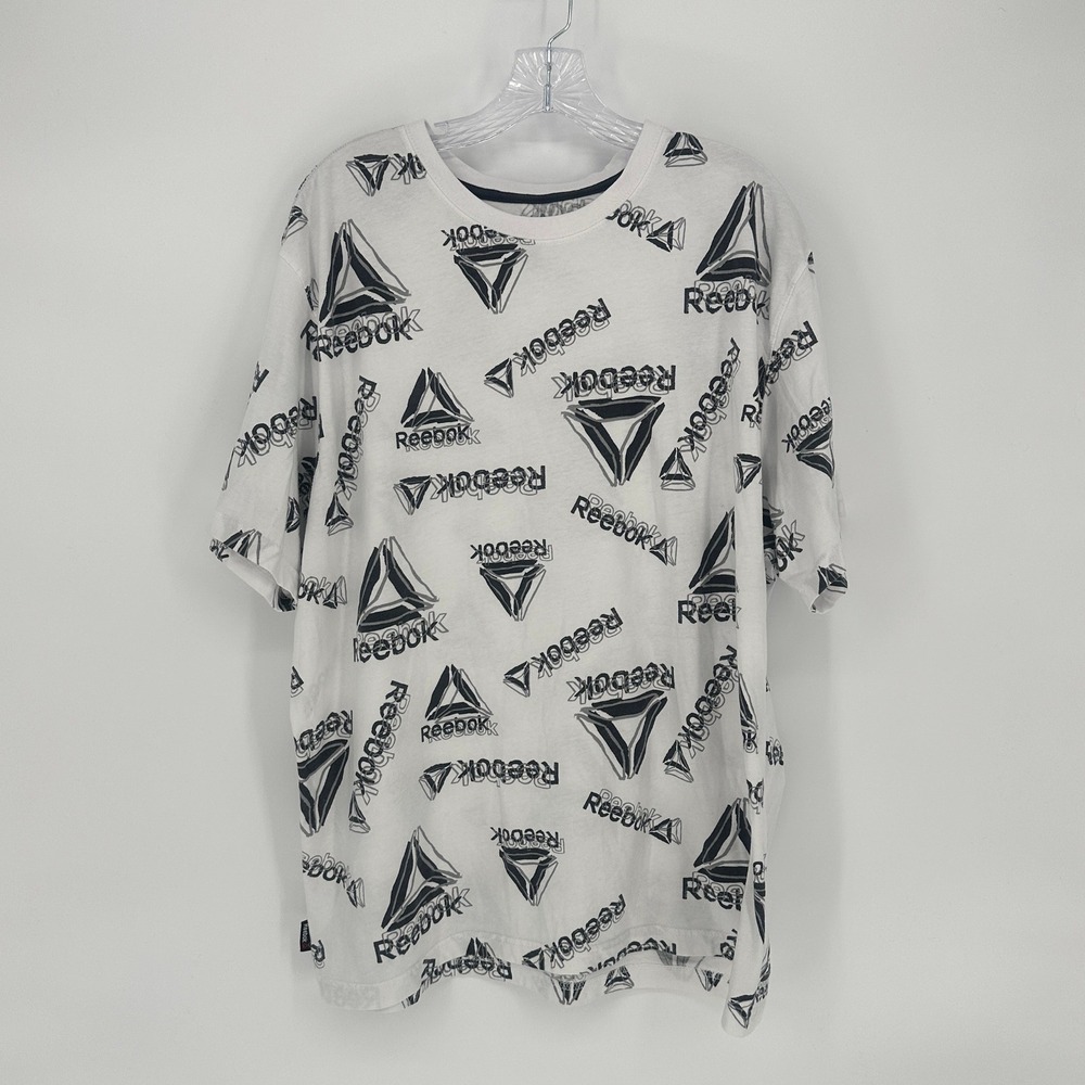 Reebok Allover Logo Graphic T-Shirt White Black 2XL Athletic Tee